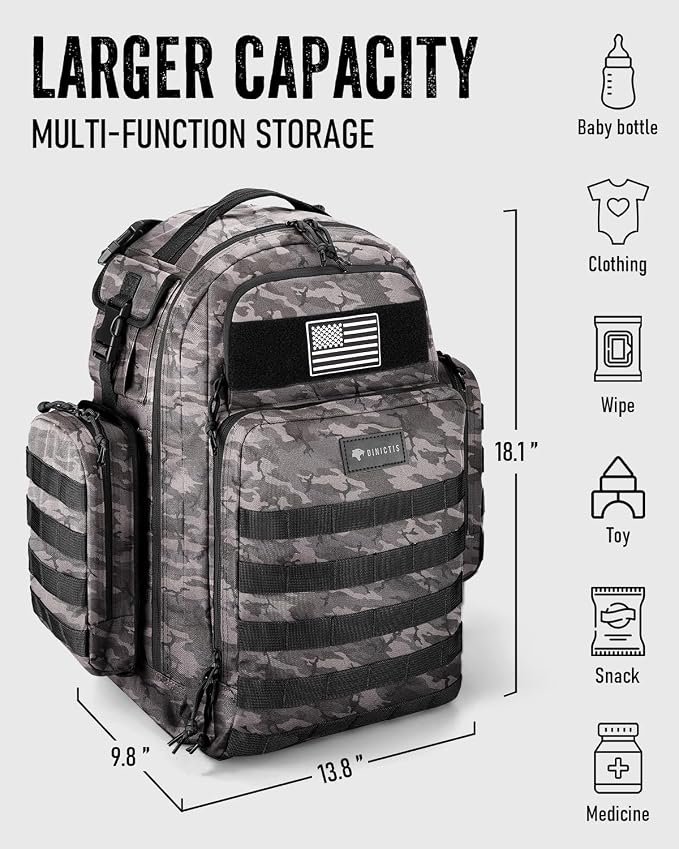 Dinictis Dad Diaper Bag, Mens Diaper Bag Backpack with Diaper Changing Mat, Military Diaper Backpack with Molle Webbing, Waterproof Pouch, Baby Wipes pocket, Insulated Bottle Pockets- Black Camo