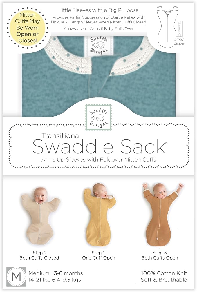 SwaddleDesigns Transitional Swaddle Sack, Arms Up Half-Length Sleeve Mitten Cuff, Most Gradual Transition Swaddle for Newborn