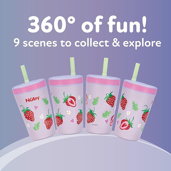 Nuby Thirsty Kids Insulated Toddler Cup with Silicone Flexstraw - 12 oz - Stainless Steel and Leak-Resistant - 18+ Months - Strawberries