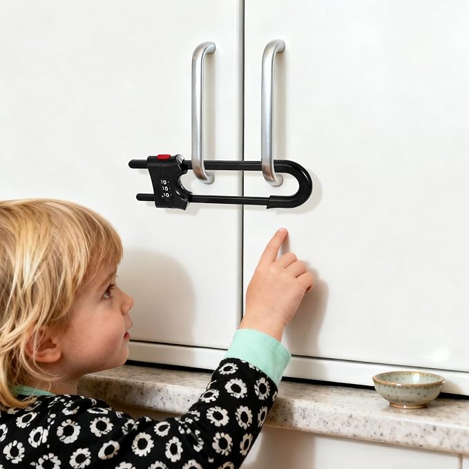 4 Pack Cabinet Locks with Combination U Shaped Sliding Cabinet Door Lock Child Proof Cupboard Locks Baby Proof Adjustable Safety Lock for Closet Code Latches Knob Handle Drawers - Black