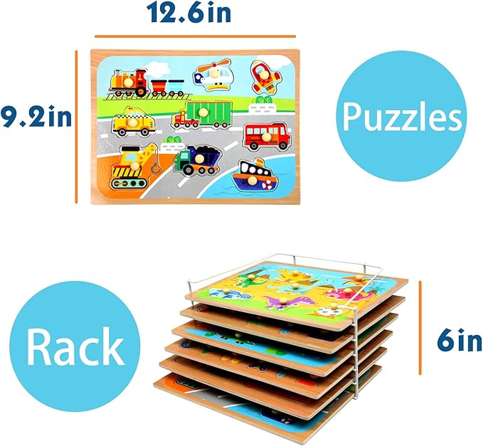 WOOD CITY Toddler Puzzles and Rack Set, Wooden Peg Puzzles Bundle with Storage Holder Rack, Educational Knob Puzzle for Kids Age 2 3 4 Years - Alphabet Number Shape Dinosaur Animal Vehicle