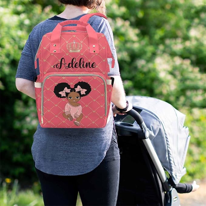 M YESCUSTOM Personalized Name Diaper Bag for Women, Customized Rose Pink Nylon Waterproof Backpack Golden Crown Nursing Mommy Bag Birthday Holiday Gift for Baby
