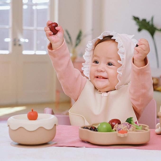 Silicone Baby Feeding Set, Gelato Collection Baby Led Weaning Supplies, First Self-Feeding Ice Cream Set, Silicone Suction Bowl with Cherry Lid & Plate, Straw Cup & Bib, Fork & Spoon