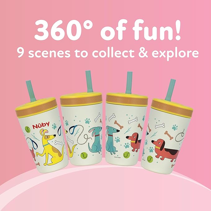 Nuby Thirsty Kids Insulated Toddler Cup with Silicone Flexstraw - 12 oz - Stainless Steel and Leak-Resistant - 18+ Months - Dogs