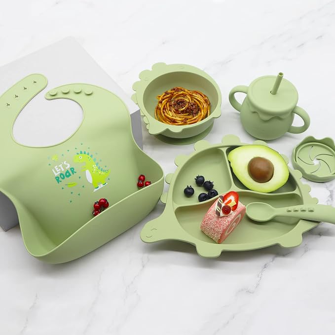 Rainbow & Butterflies |8 Piece| DINO Silicone Baby Feeding Set – |Bib, Suction Bowl, Suction Plate, Sippy Cup, 2-in-1 Straw & Snack Cup Lid, Straw & Spoon| – Food Grade Silicone, BPA Free (Olive)