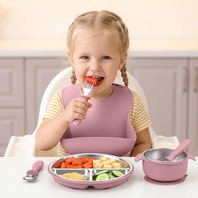5-in-1 Stainless Steel Baby Feeding Set, Suction Divided Plates, Bowls, Silicone & Stainless Spoon Fork, Baby Tableware for Self-Feeding, Durable, BPA-Free (Pink)