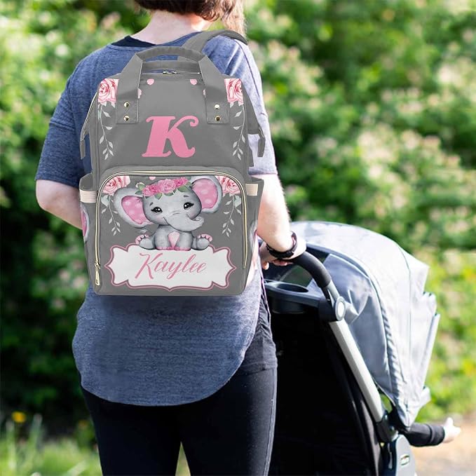 M YESCUSTOM Diaper Bags for Women Personalized Pink Flower Bag with Name Letter Custom Waterproof Large Capacity Travel Daypack Grey