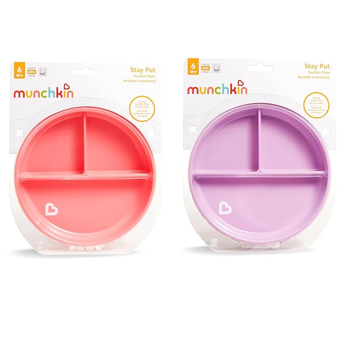 Munchkin Stay Put Suction Plates for Baby and Toddler, 3 Divided Sections , Pink/Purple