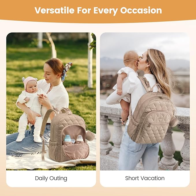 LOVEVOOK Diaper Bag Backpack,Puffer Quilted Baby Diaper Bag with Insulated Pockets,Travel Diaper Backpack for Boys Girls with Changing Pad,Water-Resistant Baby Bag for Mom Dad,Khaki