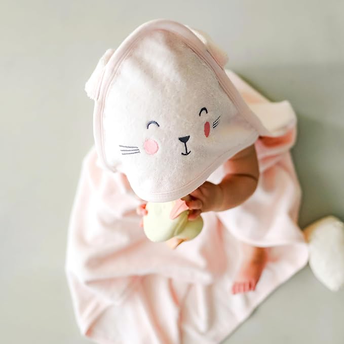 CuddleBug Hooded Baby Bath Towel & Washcloth Set (Bear) - 100% Cotton Terrycloth Hooded Baby Towels for Newborn & Toddler - Super-Soft & Absorbent, Newborn Essentials (33" x 33") - Blush Pink