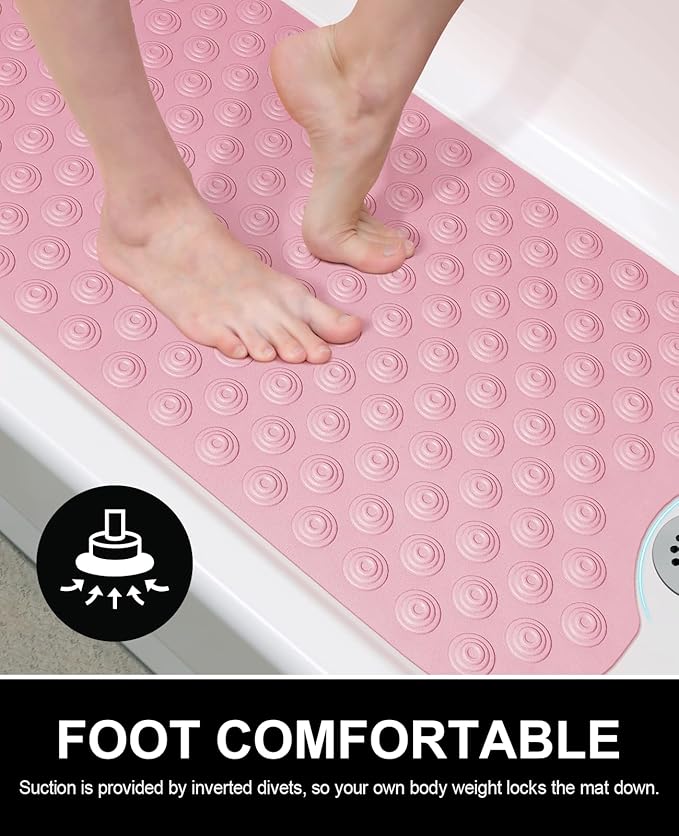 OTHWAY No Suction Cup Bath Mat: 39x16inch Extra Long Bathmat?‚Perfect for Refinished Bathtub Mat?‚Made of Nature Rubber?‚a Blessing for The Elderly and Children (Pink)