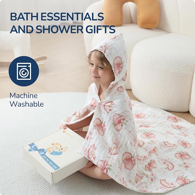 Toddler Hooded Bath Towels,100% Cotton Muslin Baby Towels for Boys Girls,Ultra Soft & Absorbent Quick Dry Kids Towel for Beach,Pool,Bathroom,Large 43x43 Inch