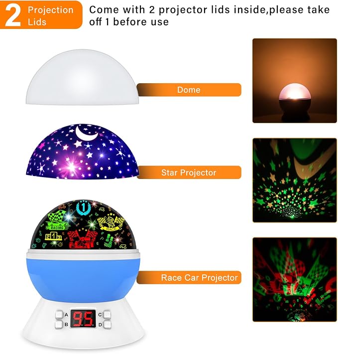 MOKOQI Cars Night Light for Boys - Rotating Projector Lamp with Race Car - Star Projector for Kids Age 3-8 - Ceiling Nightlight Projector with Cars and Stars - Birthday Gifts for Boys Room Decor