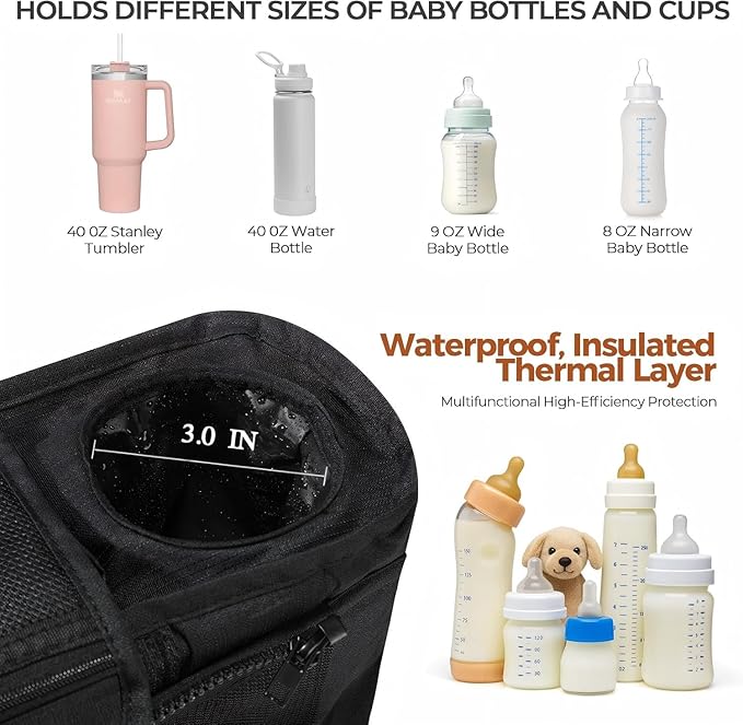 Universal Stroller Organizer with Insulated Cup Holder and Removable Wrist Strap Large Capacity Stroller Organizer for Mom, Baby Joggers, Uppaby, Britax, BOB, Umbrella and Pet Stroller (Black)