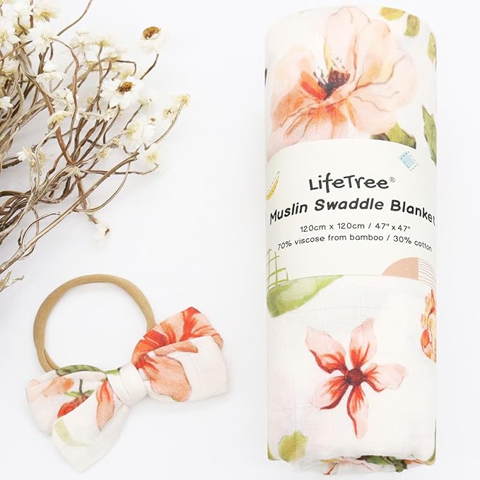 LifeTree Baby Muslin Swaddle Blankets for Boys & Girls, Newborn Swaddle Set with Matching Headband Bow, Infant Blanket Wrap, 47 x 47 inches, Butterfly Floral, 70% Viscose from Bamboo and 30% Cotton