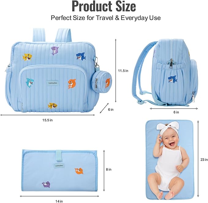 GOBABYMART Diaper Bag Backpack with Changing Pad - Travel Baby Bag, Insulated Bottle Pockets, Stroller Straps (Medium - Blue Sharks)