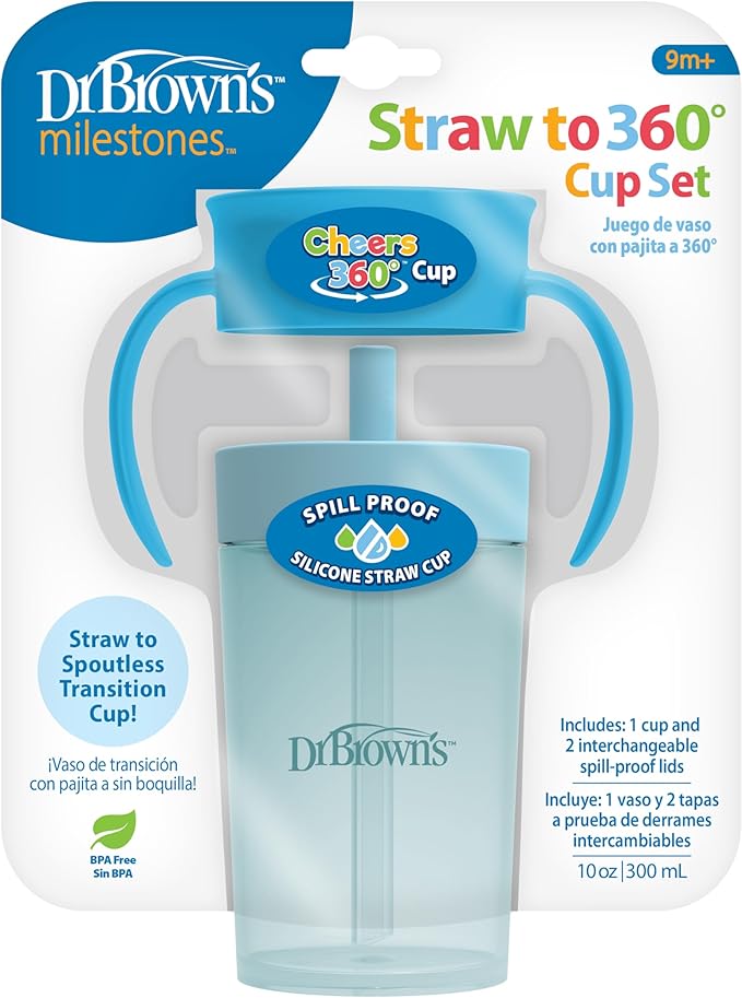 Dr. Brown's Milestones Straw to 360 Convertible Toddler Training Cup Set with Interchangeable Silicone Straw and 360 Degree Cup Lids, Blue Ocean, 10 oz/300 mL, BPA-Free, 9m+, 2-Pack