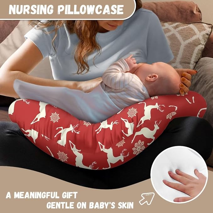 Red Christmas Elk Snowflake Nursing Pillow and Positioner Detachable Newborn Original Breastfeeding Slipcover Case U-Shaped Head Support Protector Cushion Essential with Hidden Zipper