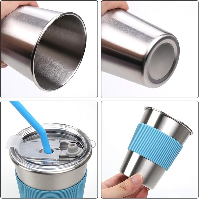 Toddler Cups with Straws, 18/8 Stainless Steel Children Smoothie Drinking Sippy Cups, Stacking & Reusable Kids Cups with Straws and Lids, 5 Pack, 12oz