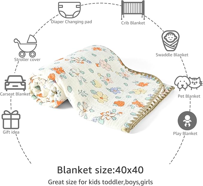 Baby Blanket 40x40 Inches,Muslin Cotton and Minky Dotted Double Layer Soft Receiving Blanket for Newborn Toddler,Strawberry Flower