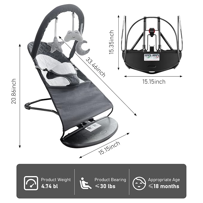 Portable Baby Bouncer Seat for Babies 0-18 Months, 100% Cotton Fabrics, Adjustable Multi Position Baby Bouncer Seat, Infant Rocker Chair with Hanging Plush Animals-Dark Grey
