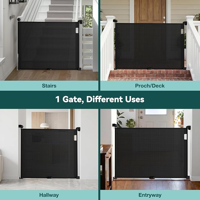 Babepai Retractable Baby Gates for Stairs, Retractable Dog Gate for Indoor/Outdoor Use | Child Gates for Doorways, Deck, Porch, Hallways, Patio (Black, 72" Wide × 34" Height)