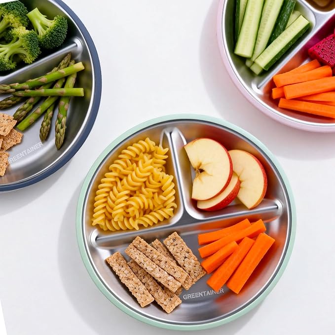 Greentainer 3 Pack Stainless Steel Baby Suction Plates, Divided Toddler Plates with Removable Silicone Sleeves, Unbreakable Kids Dishes for Dinner & Snack, Non-Toxic, Dishwasher Safe