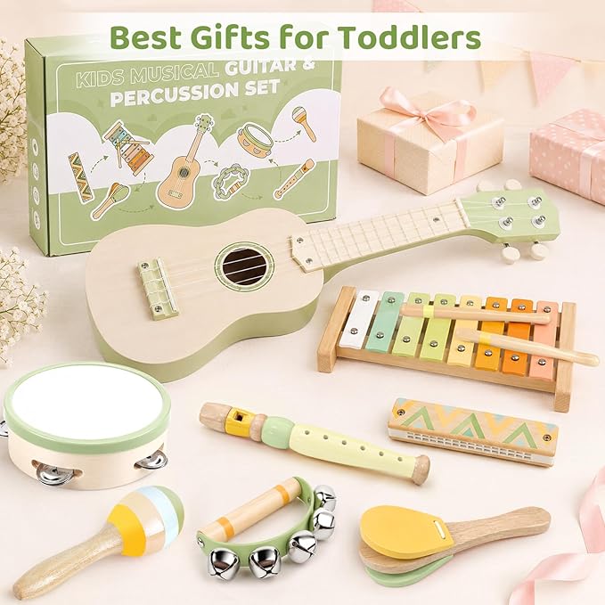 Kids Guitar Set - 8 in 1 Toddler Musical Instruments, Montessori Wooden Baby Ukulele Xylophone Tambourine Maracas Flute, Toy Guitar for Toddler 1-3, Mini Guitar Set Birthday Gift Boys Girls (Neutral)
