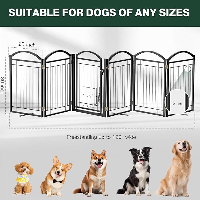 Metal Freestanding Dog Gate with Cat Door for Indoor & Outdoor,30" Tall Foldable Dog Fence,120" Extra Wide Freestanding Pet Gate for Large Openings,RV Camping,Stairs,Deck,Yard,Doorways(6 Panels,Black)