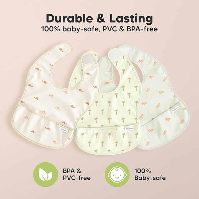 KeaBabies 3-Pack Waterproof Baby Bibs for Eating - Lightweight Toddler Feeding Bibs with Large Food Catcher, Mess Proof, Food-Grade Baby Eating Essentials, Easy to Put On & Clean (Toy Land)