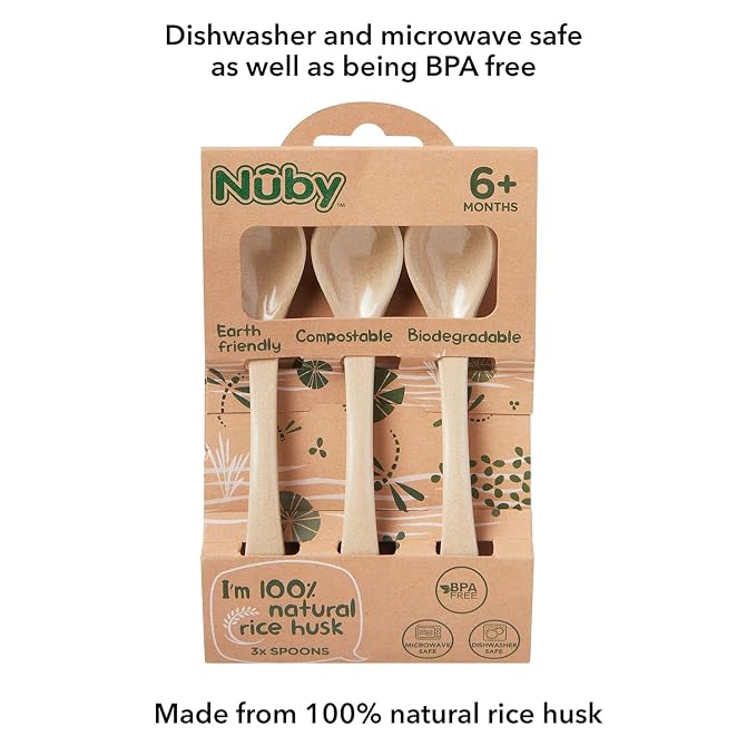 Nuby Eco-Friendly Natural Rice Husk 3 Piece Spoon Set- 3 Pack, 6+ Months- Fully Compostable and Biodegrable