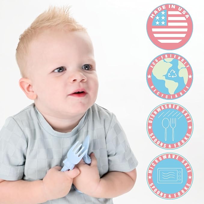 Made in USA Spoon la la Toddler Utensils Set - 2 Pack (1 Spoon & 1 Fork for Kids) - Self-Standing 3D Ergonomic Cat & Dog Handles - BPA-free, Dishwasher Safe, Baby Silverware (Blue)
