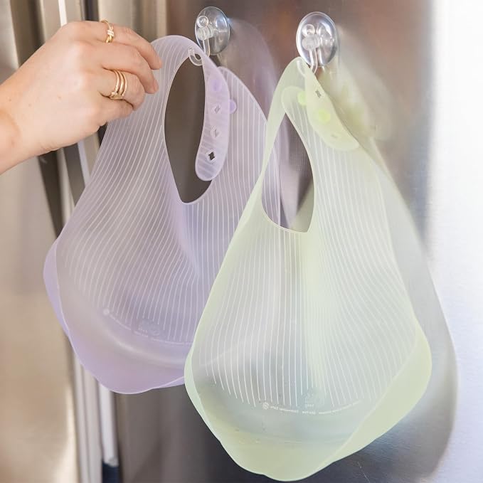 Olababy Training Spoon Set (Pearl/Blueberry) + Fold N Go Silicone Baby Bib w Travel Case (Lilac)