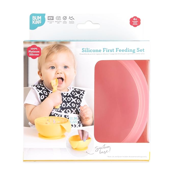 Bumkins Feeding Set with Suction, Includes Spoon and Lid, Training Essentials for Baby-Led Weaning, Toddler Self-Feeding, Babies Eating at 4 Mos Up, Pink Jelly