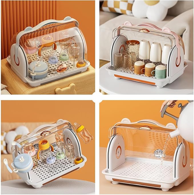 Baby Bottle Drying Rack Storage with 3 Brush, Nursing Bottle Storage Box Organizer with Cover, Portable Kitchen Cabinet Organizer, Durable countertop Dryer (Orange)