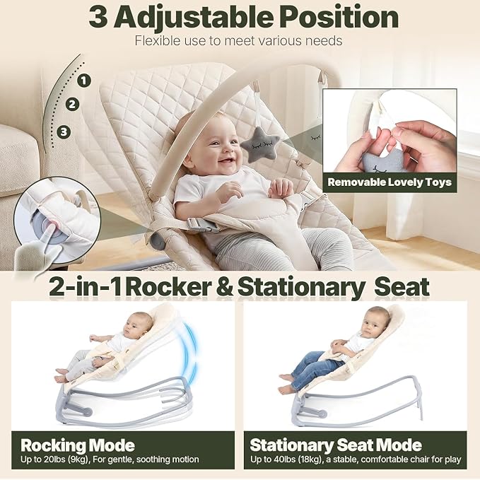 Orzbow Electric Baby Rocker & Toddler Chair, 3-Speed Auto-Rock, Up to 40lbs | Timer 30/60Min, 8 Soothing Melodies, 3 Recline Positions, 5 Volume Levels, Battery or Plug-In Powered, Machine-Washable Cover