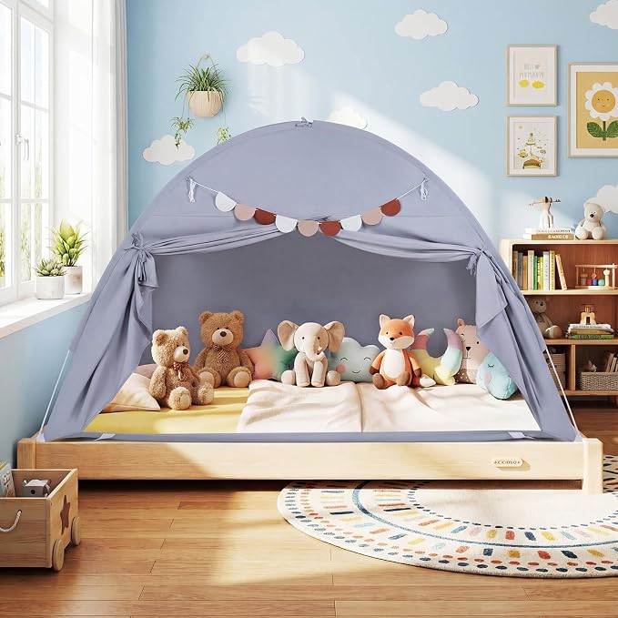 HONEY JOY Bed Tent Twin for Kids, Foldable Play Tent Canopy w/Flags, Windows, Indoor Outdoor Playhouse Toddler Tent, 79” x 39” x 48”, Washable, Kids Tent for Boys Girls Aged 3+, Birthday (Gray)