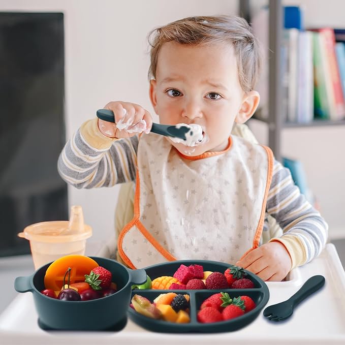 Dandat 24 Pcs Silicone Baby Feeding Set,6 Baby Toddler Suction Bowls 6 Divided Suction Plates with 6 Forks 6 Spoons, Utensils Set for Weaning Infant Feeding and Eating, 6 Styles(Vivid Color)