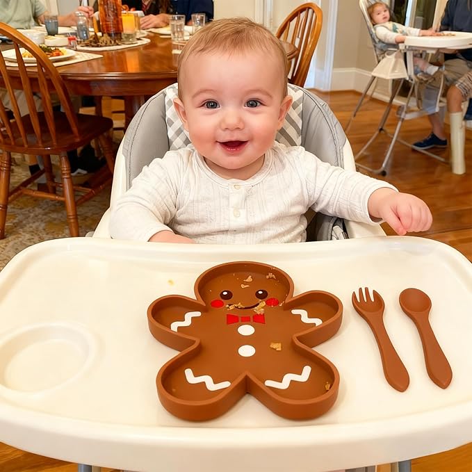 BabyX Baby Silicone Feeder Set, 3-pcs Gingerbread-themed Baby Plate with Suction, Spoon and Fork for Babies Toddler Kids, BPA-Free, Baby Utensils Feeding Supplies, Microwave and Dishwasher Safe