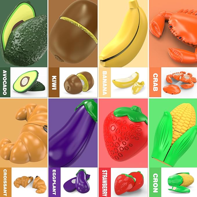 Cutting Play Food Toy For Multiple Kids with 2 Colors Storage Baskets(Purple&blue), 115 pcs Fake Food/Fruit/Vegetable for Toddler Pretend Kitchen Accessories, Boy Girl Classroom Learning/Birthday Gift