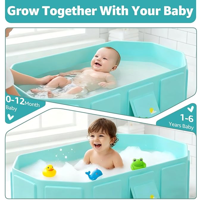 Collapsible Baby Bathtub, Toddler Bathtub with a Drain Plug, Folded for Storage Without Assembly, Suitable for Newborns to Toddlers, Portable Bathtub for Outdoor Travel, Green