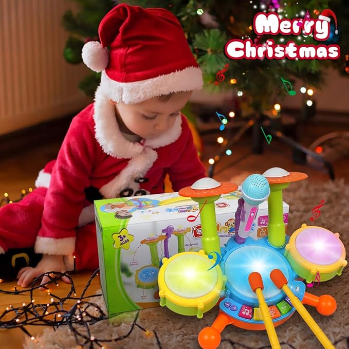 POKONBOY Kids Drum Set for Toddler 1-3, Musical Instruments Learning Toys with 2 Drum Sticks Adjustable Microphone Birthday Gifts for Boys Girls 6 12 18 Month