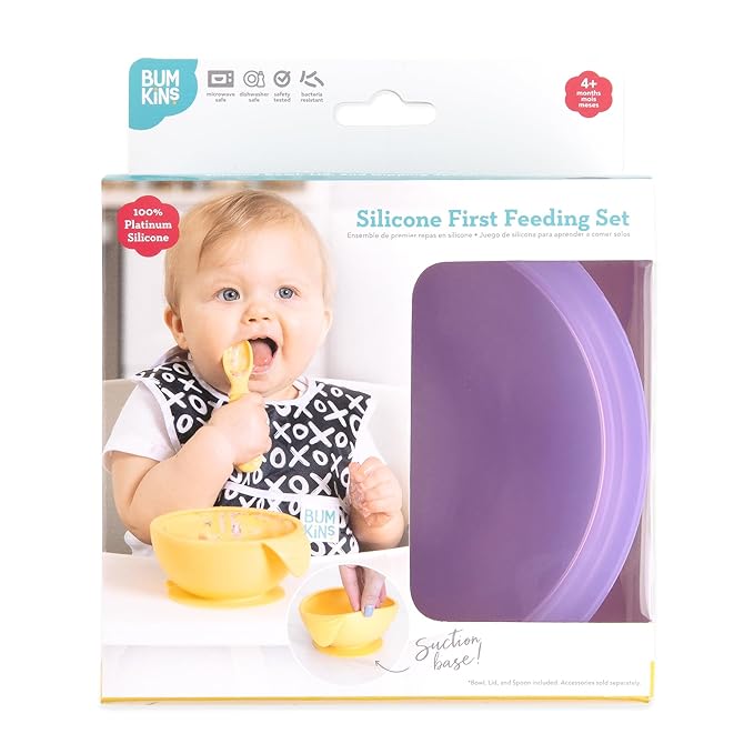 Bumkins Feeding Set with Suction, Includes Spoon and Lid, Training Essentials for Baby-Led Weaning, Toddler Self-Feeding, Babies Eating at 4 Mos Up, Purple Jelly