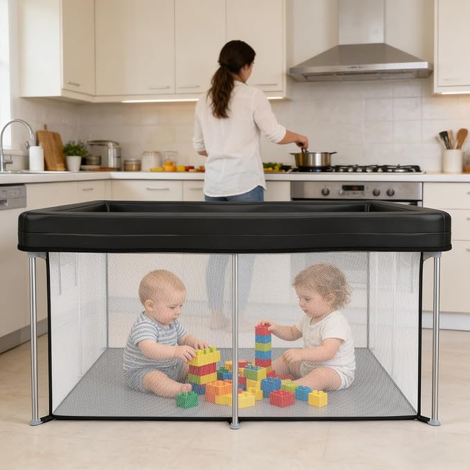 Foldable Baby Playpen with Mat, 50"×50" Collapsible Play Yard for Babies and Toddlers, No Assembly Required, Kids Safety Play Area with 4 Handles, 50 Balls and Visible Mesh, Black