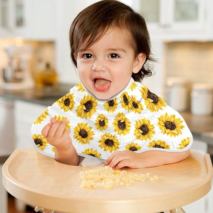 Muslin Burp Cloths for Baby Boys and Girls - 4-Pack Ultra Absorbent Sunflower Muslin Washcloths, Newborn Towel, Milk Spit Up Rags, Burp Cloth Bib for Unisex, 22 x 11 Inch