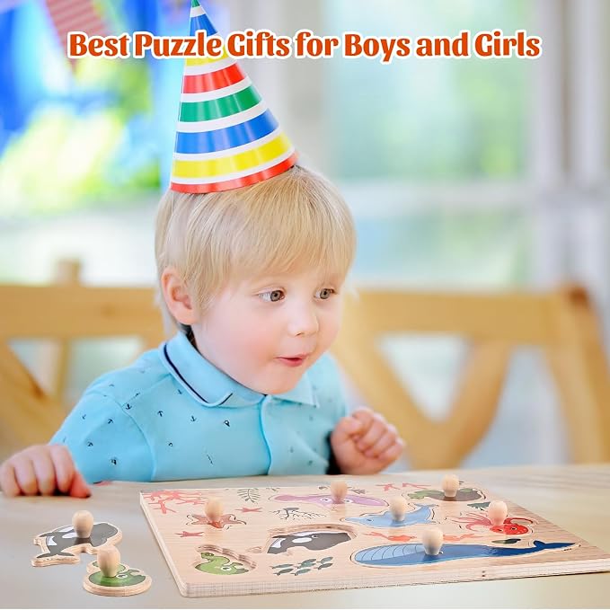 Wooderma Wooden Peg Puzzles for Toddlers 1-3, 2 Pcs Upgraded Montessori Educational Learning Puzzle Toy - Animal & Sea Themes Puzzles, Great Preschool Gifts for Girls and Boys (8.86 * 11.61 * 0.3in)