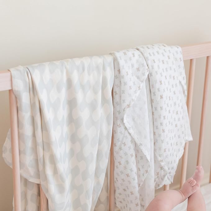 Muslin Swaddle Blankets - Set of 2 Gender Neutral Patterns- Large 47"x47",Organic Cotton & Viscose from Bamboo, Extra Soft Newborn Swaddles, Baby Shower for Boys & Girls (Gray Waves & Crosses)