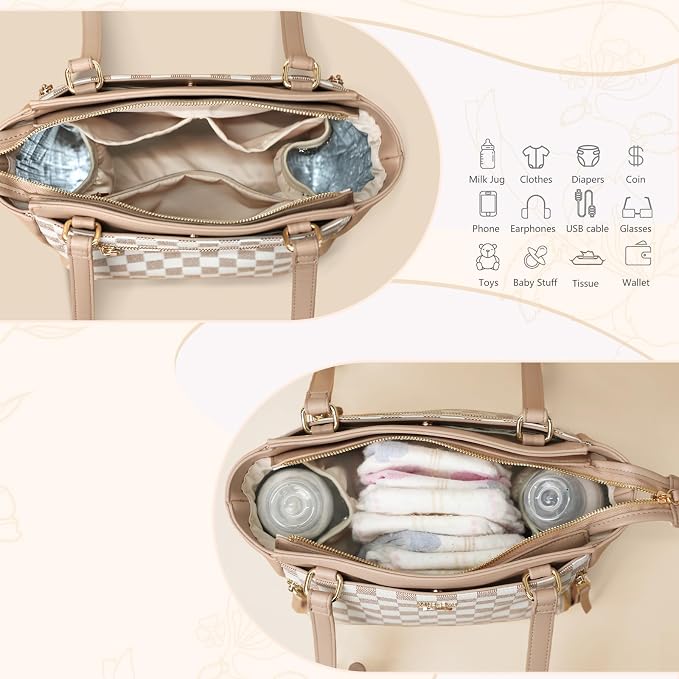 miss fong Checkered Small Diaper Bag Crossbody Diaper Bags, Diaper Bag Purse, Diaper Clutch Crossbody Bag leather Crossbody Bags for Women-Beige&honey