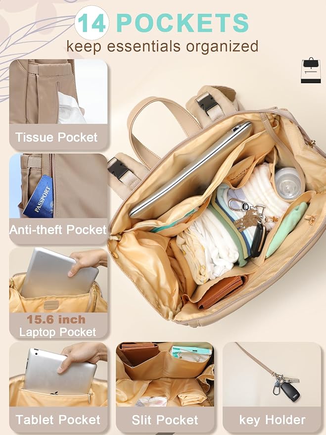 MOMINSIDE Diaper Bag Backpack - Large Baby Diaper Bag with 14 Pocket, Leather & Nylon Travel Diaper Backpack for Mom, Breast Pump Bag, Removable Cooler Compartment, Double Layer, Khaki