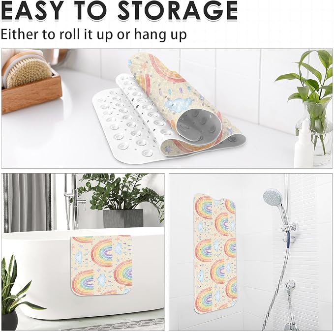Rainbow Boho Bathtub Shower Mat Cute Cloud Non-Slip Tub Extra Long Bath Floor 40X16 Inch Machine Washable for Bathroom Tub Bath Mat for Toddler and Baby